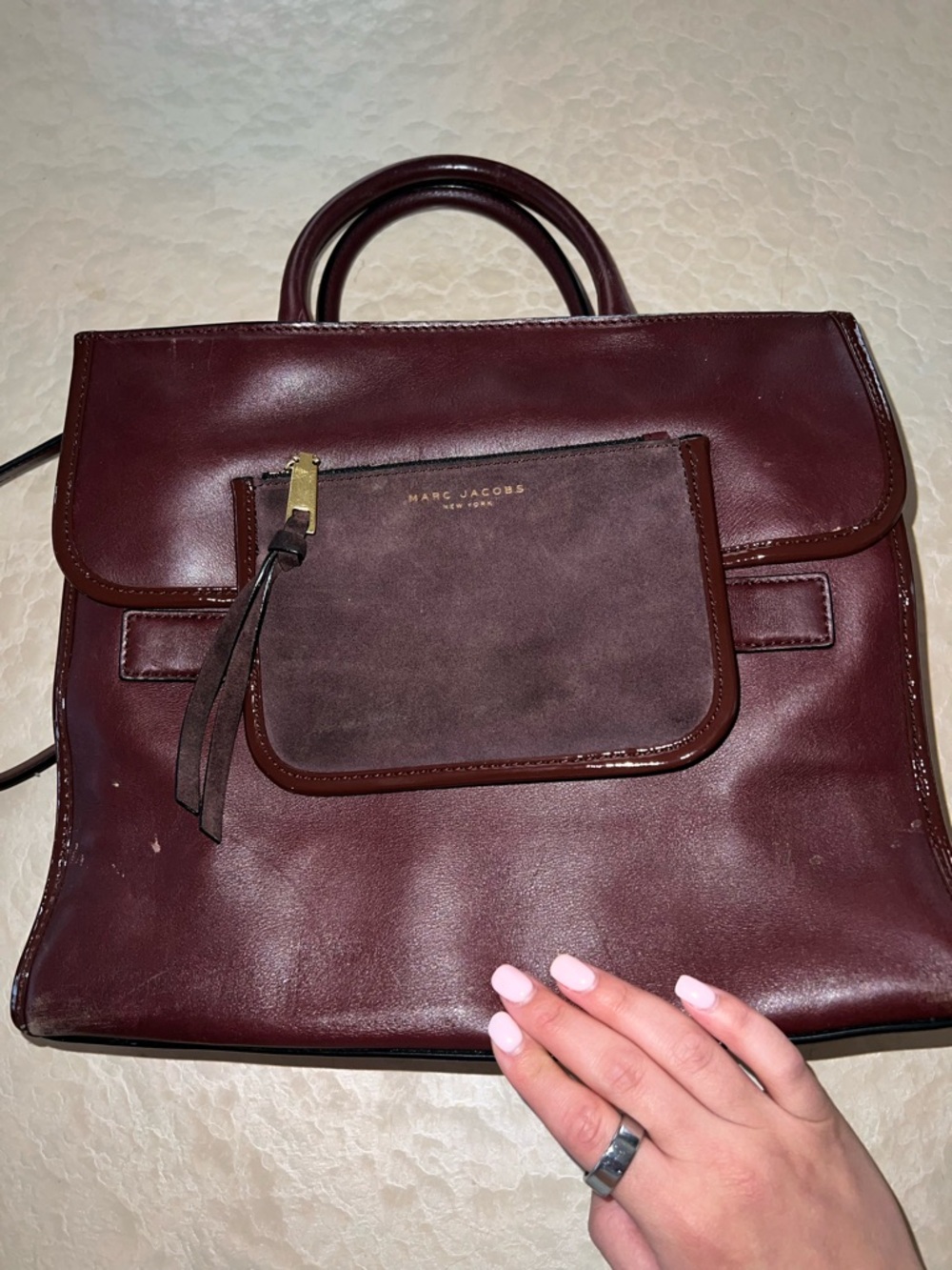 Marc Jacobs Burgundy Leather and Suede Top-Handle Satchel